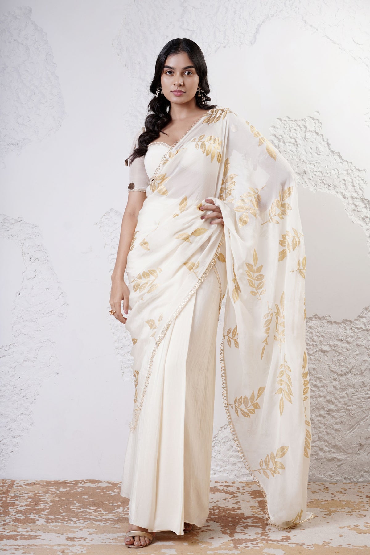 Ivory Foil Leaf Saree Set