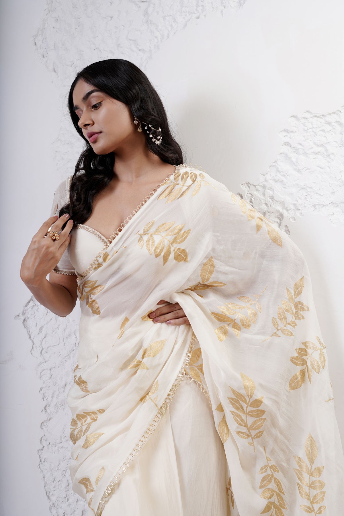 Ivory Foil Leaf Saree Set