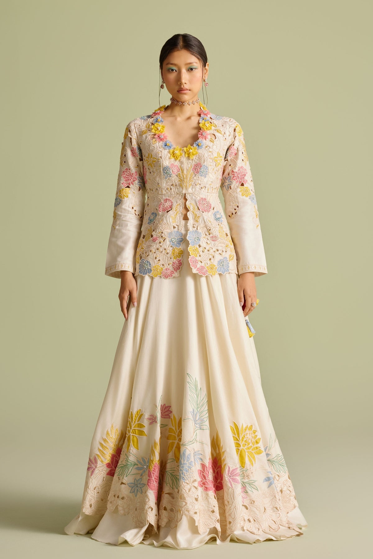 Pastel Embroidered Layered Lehenga