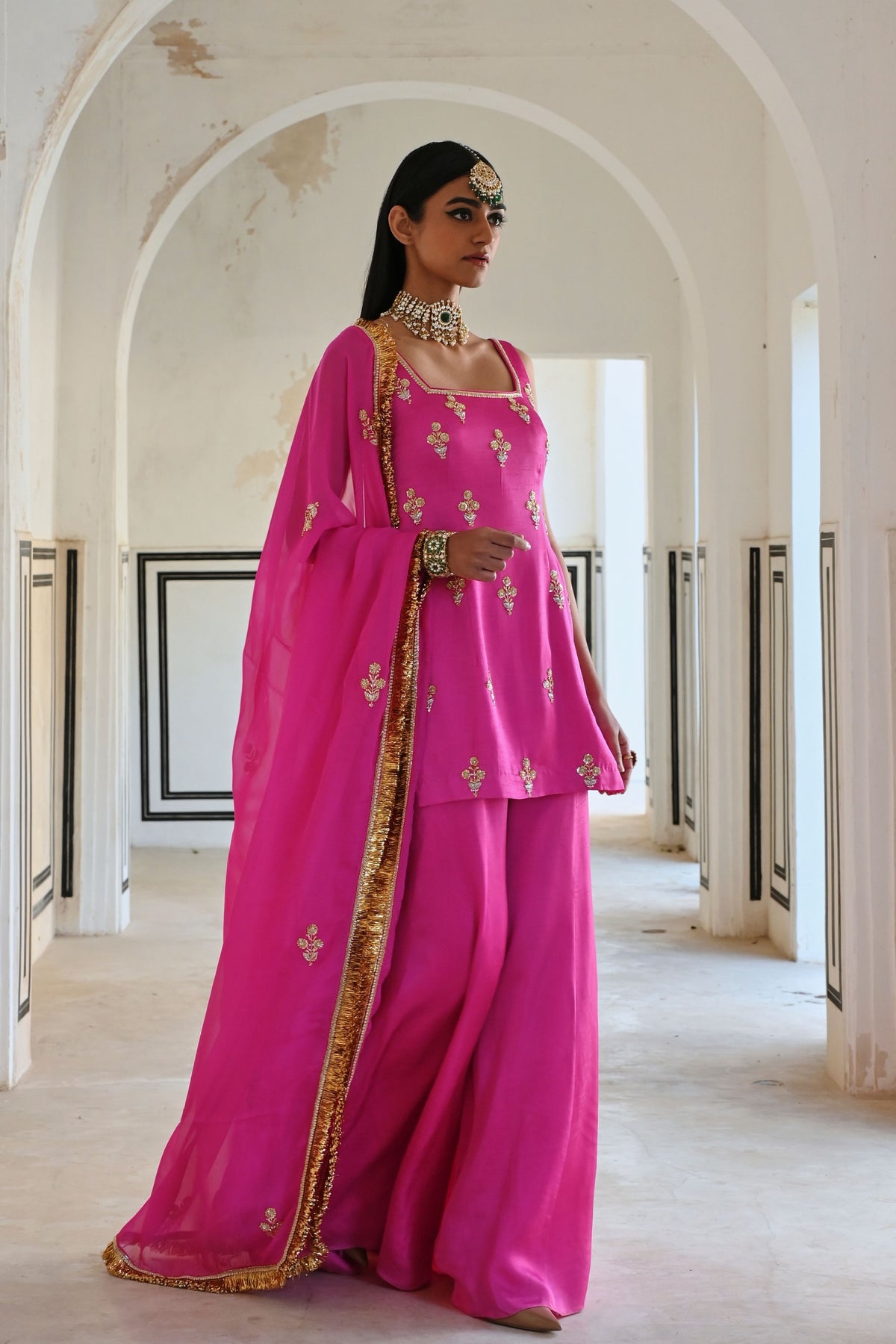 Bright Pink Embroidered Kurta Set