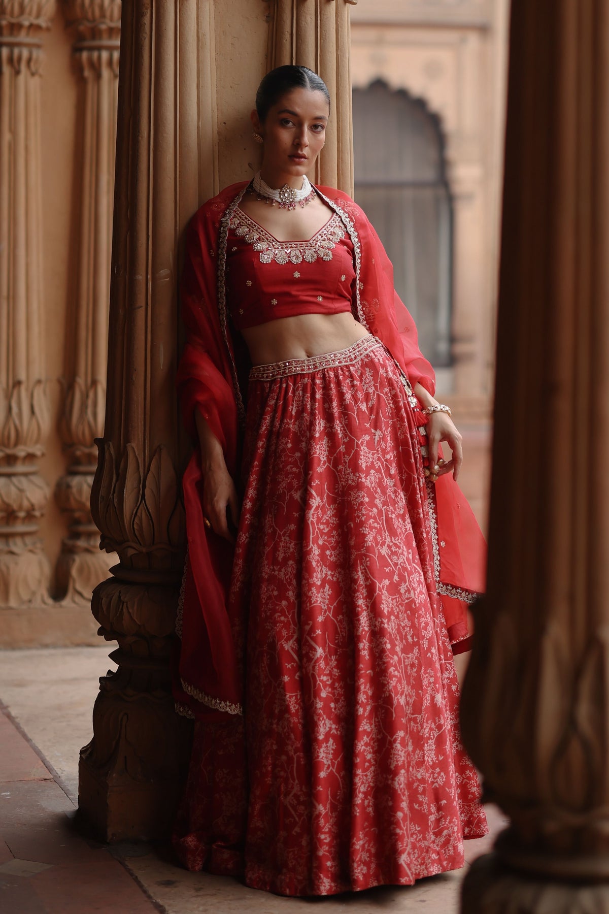 Rose Red Embroidered Lehenga Set