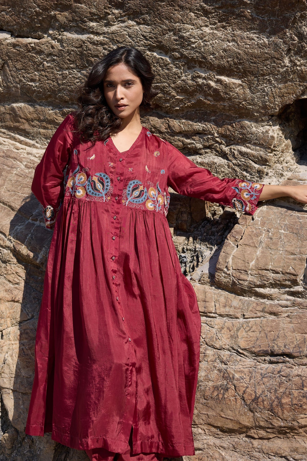 Burgundy Button Down Flared Kurta