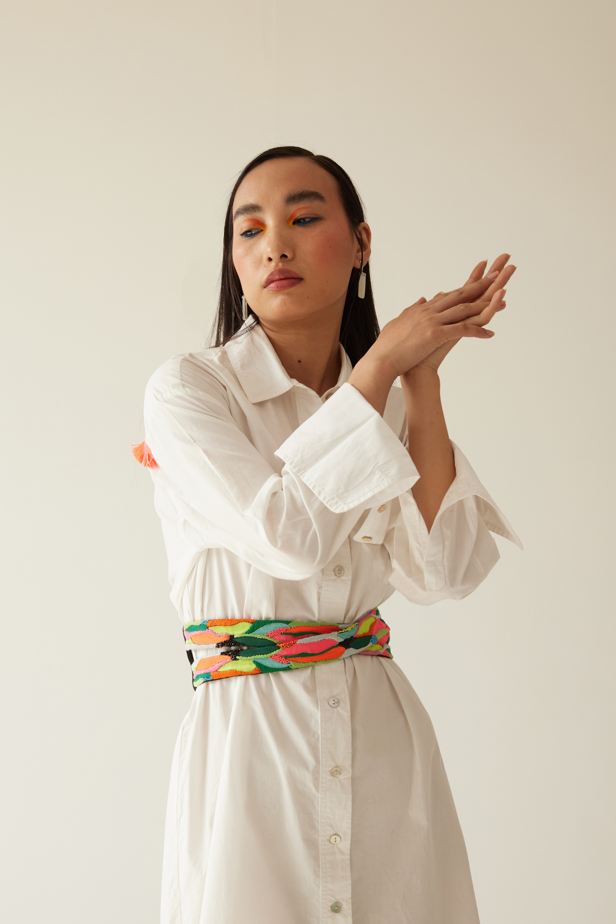 Off White Shirt Dress With Paint Stain Belt