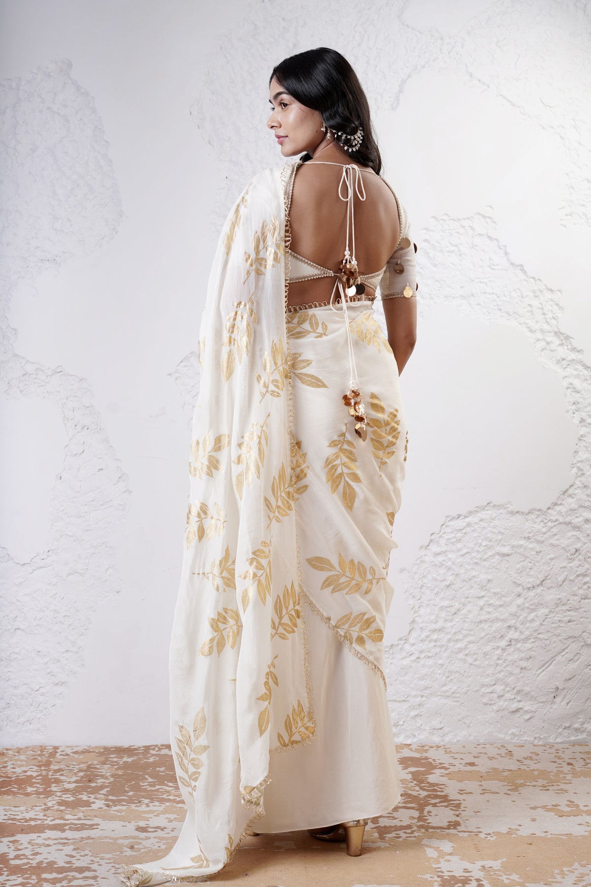 Ivory Foil Leaf Saree Set