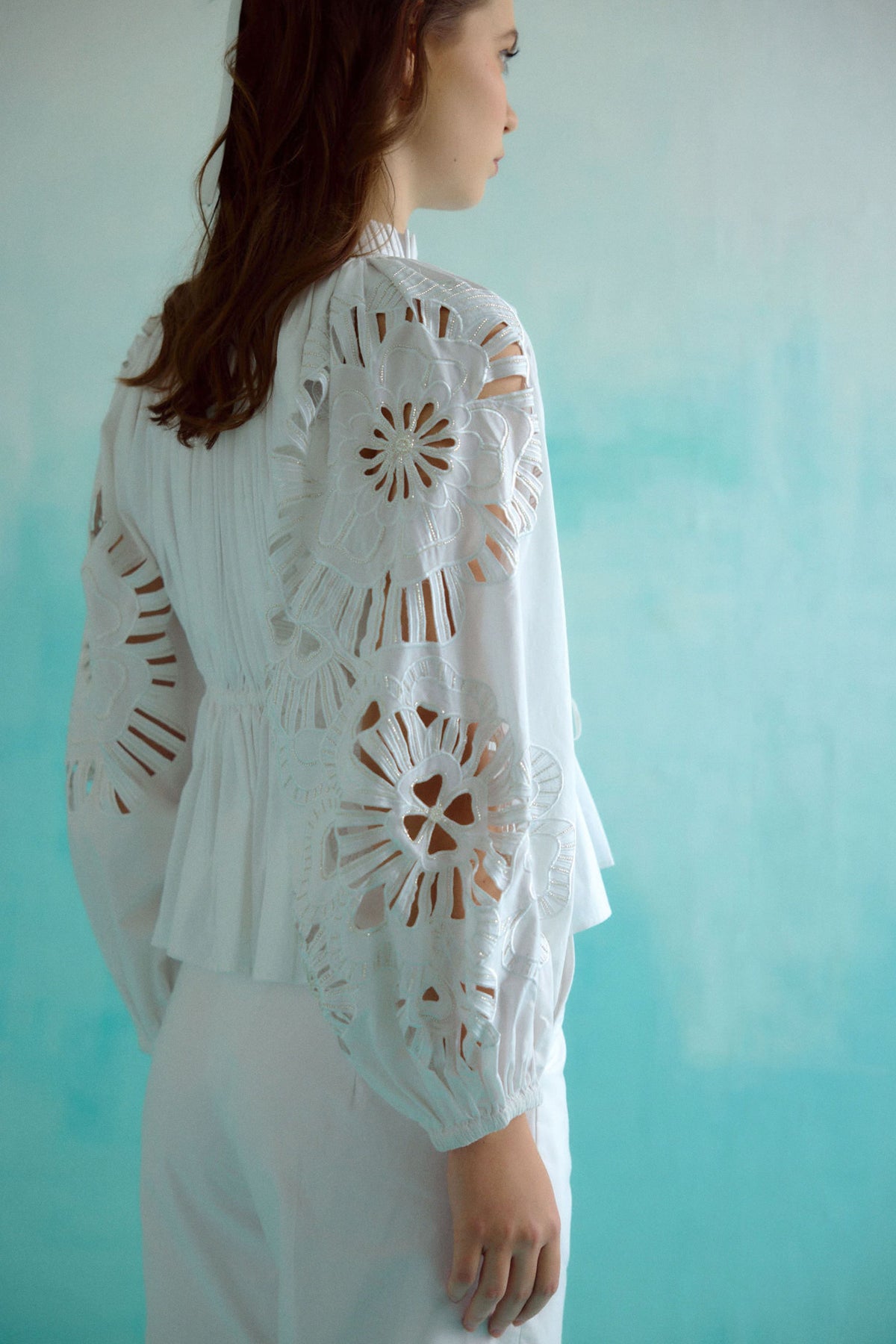 White Gathered Embroidered Bloom Cutwork Blouse