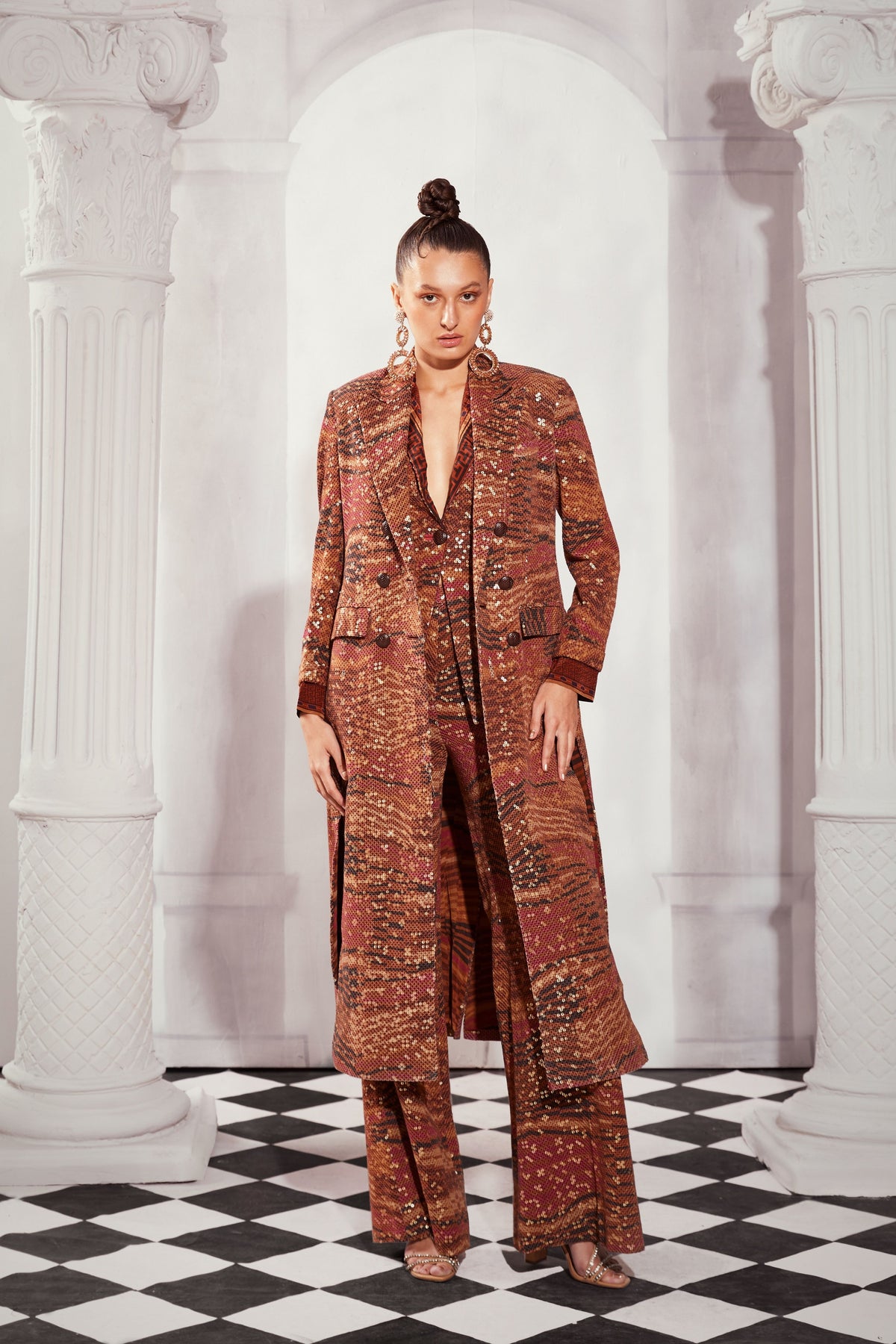 Tangerine Byzantine Print Trench Coat