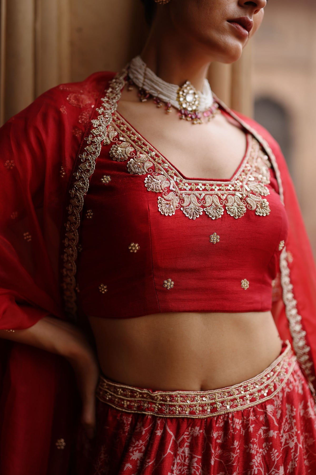 Rose Red Embroidered Lehenga Set