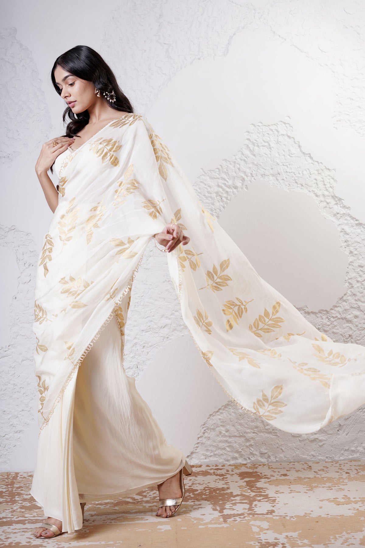 Ivory Foil Leaf Saree Set