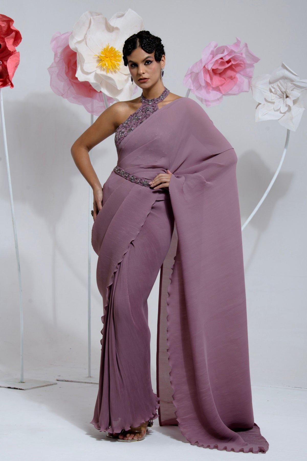 Pre-draped Mauve Pleated Saree