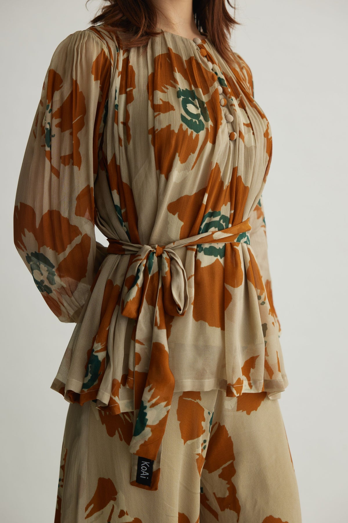 Rust Floral Pleated Top