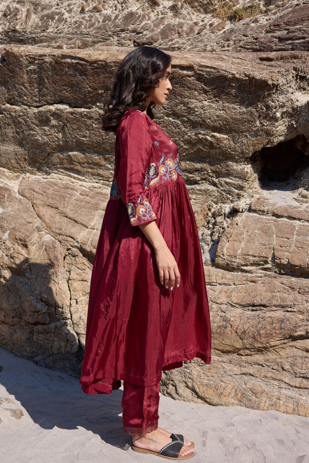 Burgundy Button Down Flared Kurta