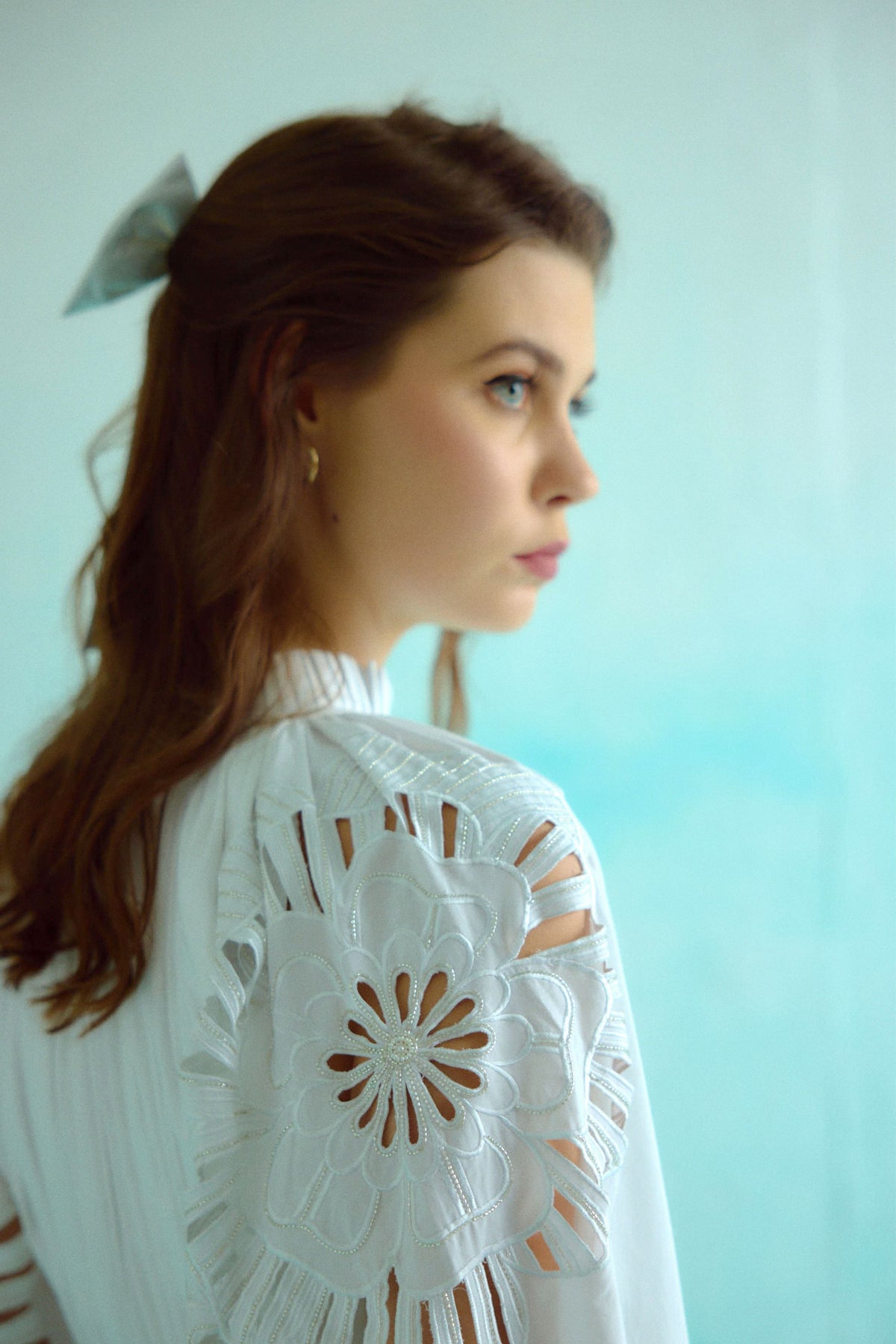 White Gathered Embroidered Bloom Cutwork Blouse