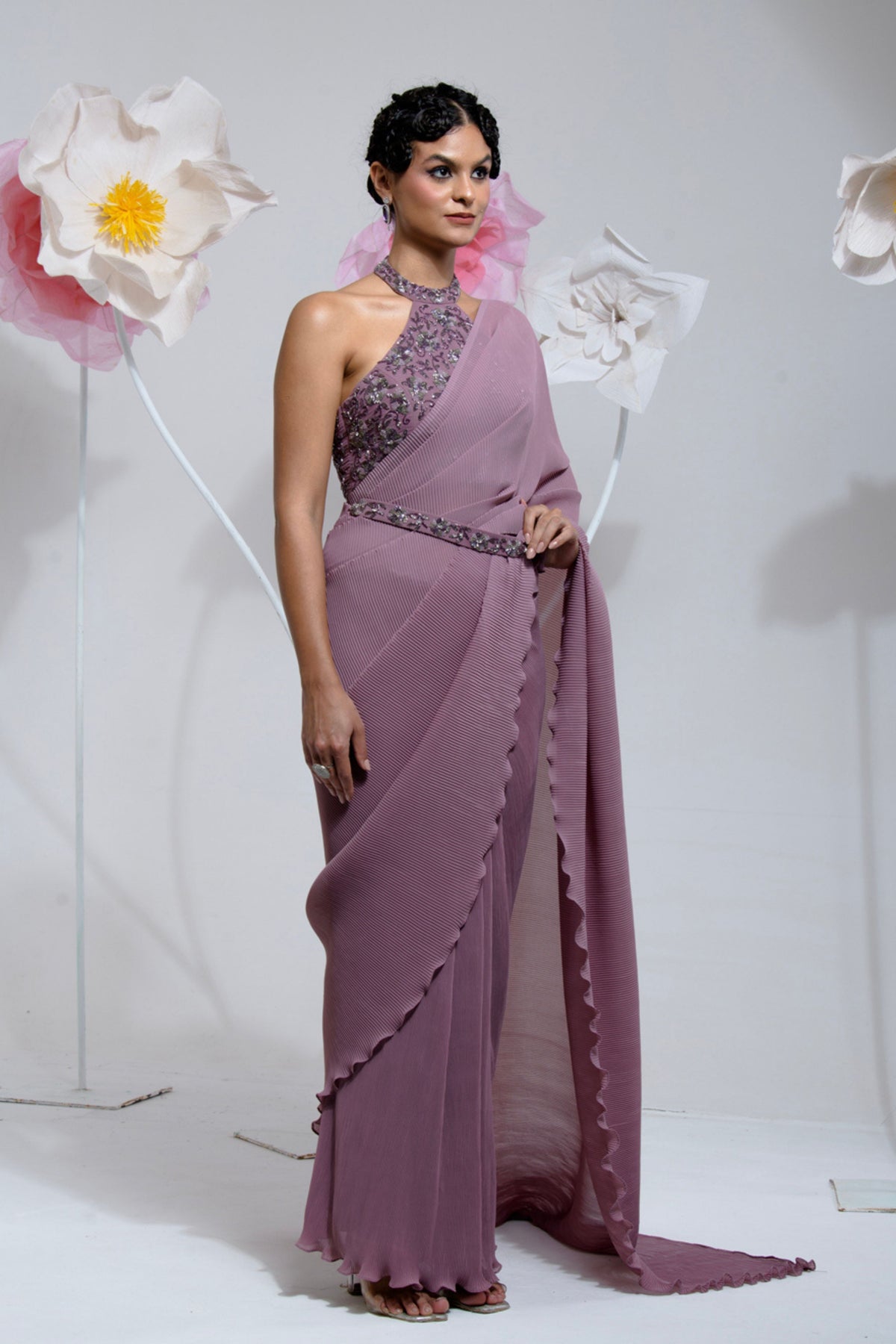 Pre-draped Mauve Pleated Saree