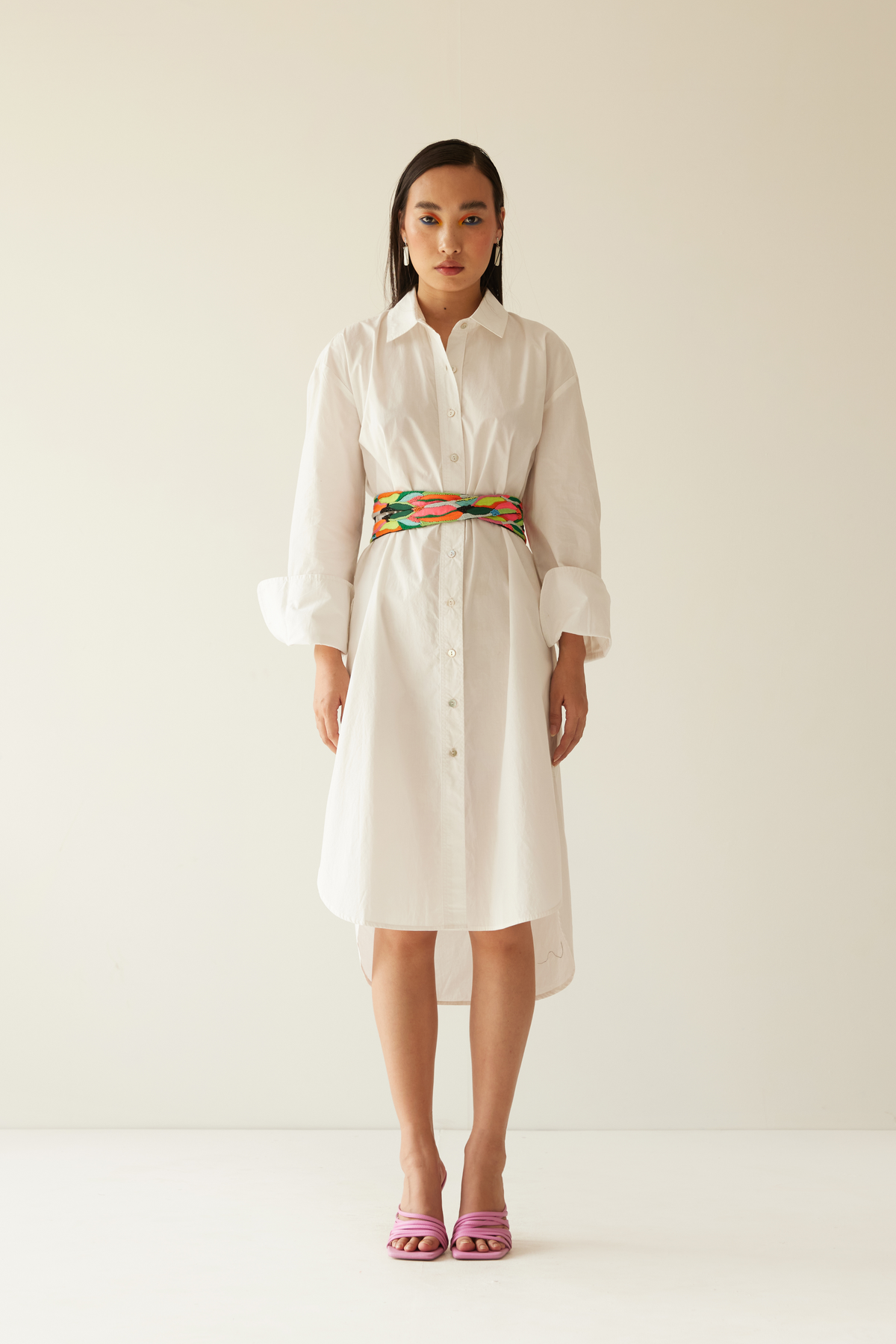 Off White Shirt Dress With Paint Stain Belt