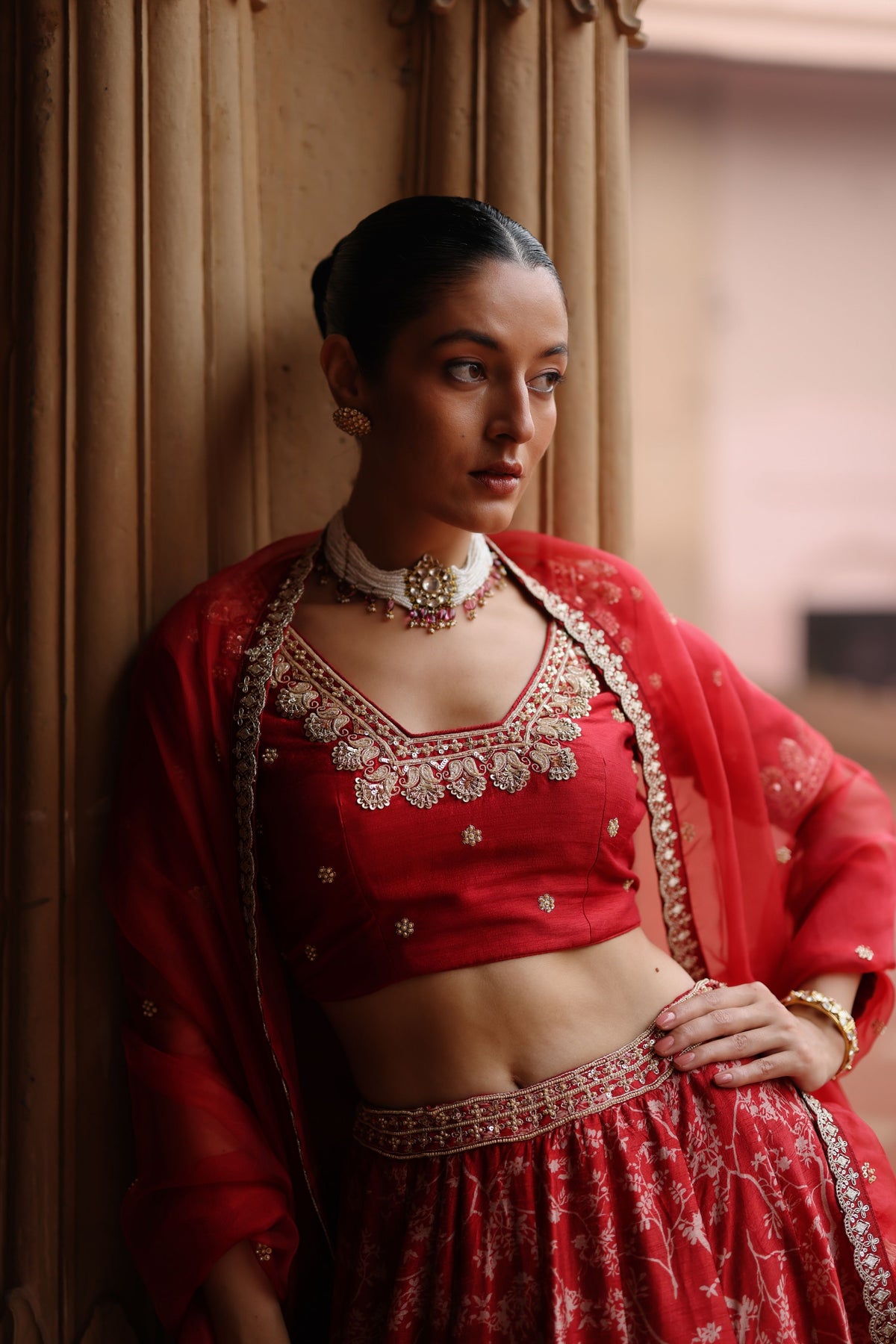 Rose Red Embroidered Lehenga Set