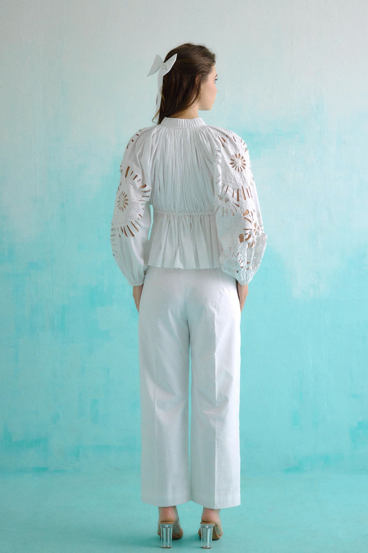 White Gathered Embroidered Bloom Cutwork Blouse