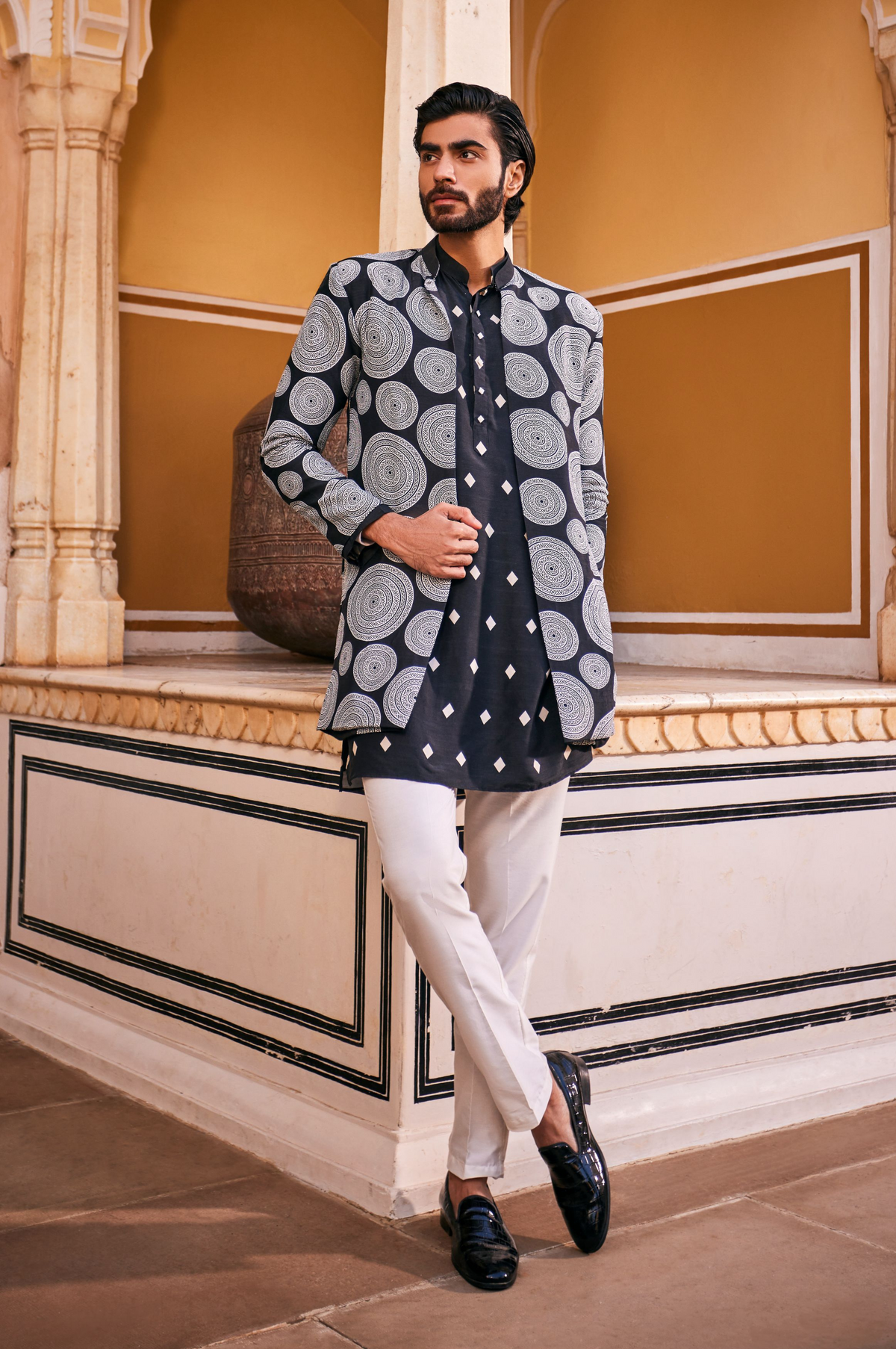 Black Abstract Printed Jacket With Kurta and Pant