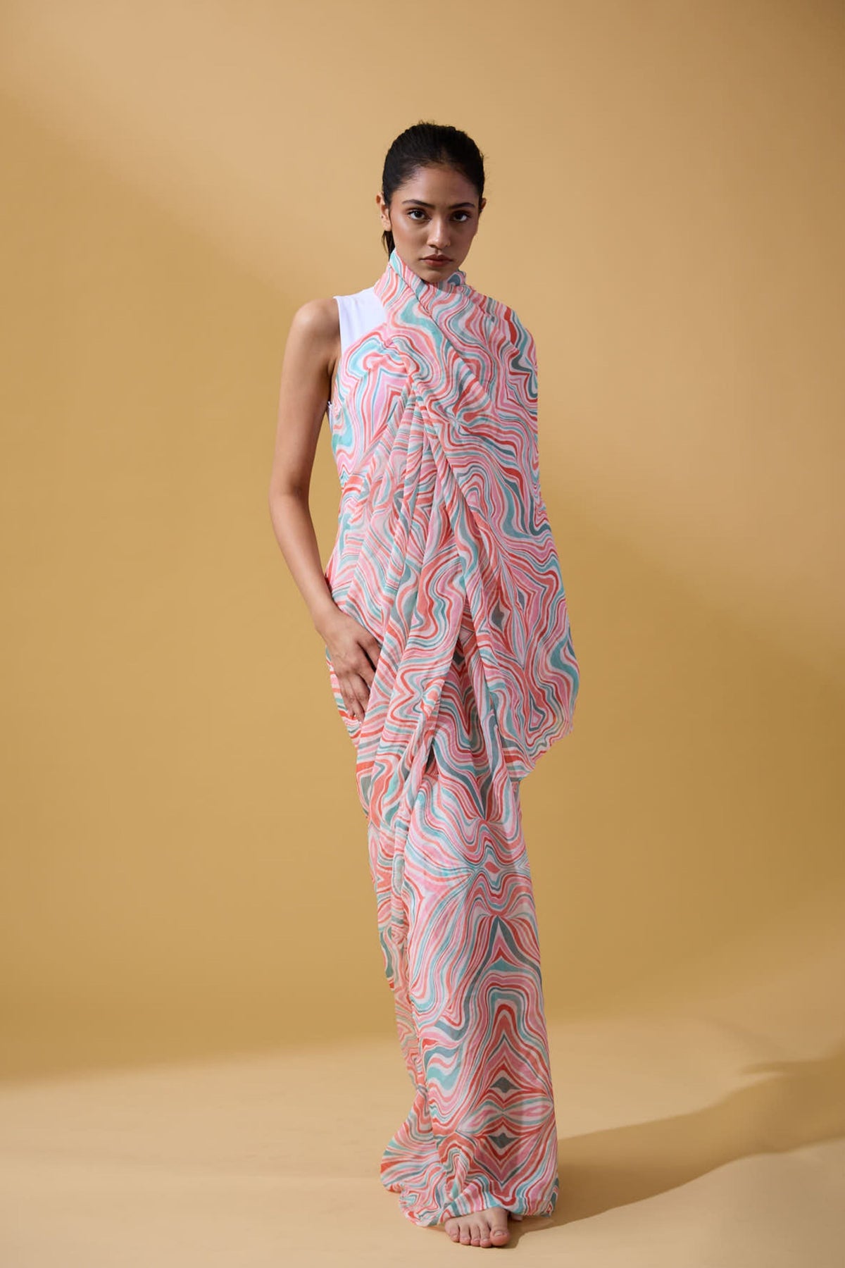 Sage &amp; Coral Waves Saree