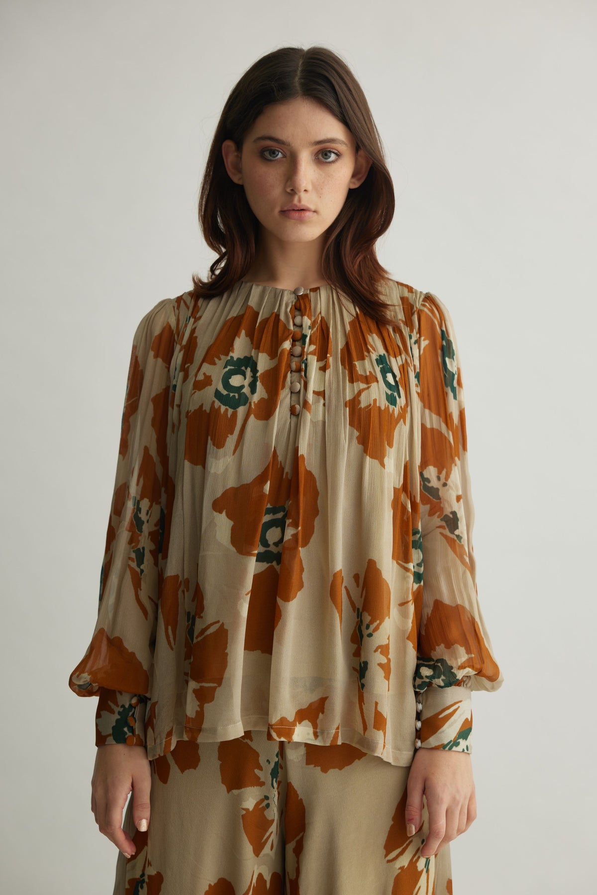 Rust Floral Pleated Top