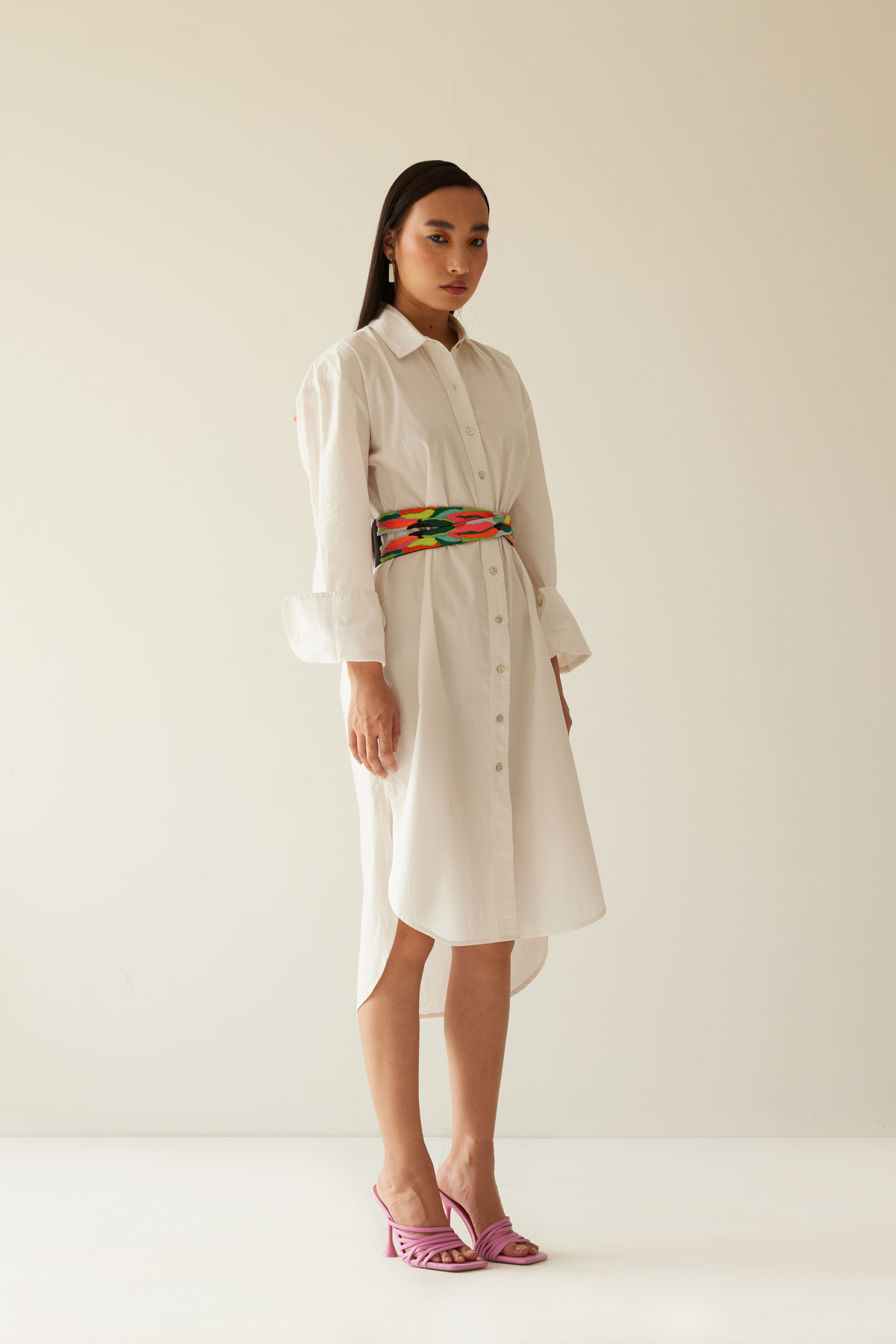 Off White Shirt Dress With Paint Stain Belt