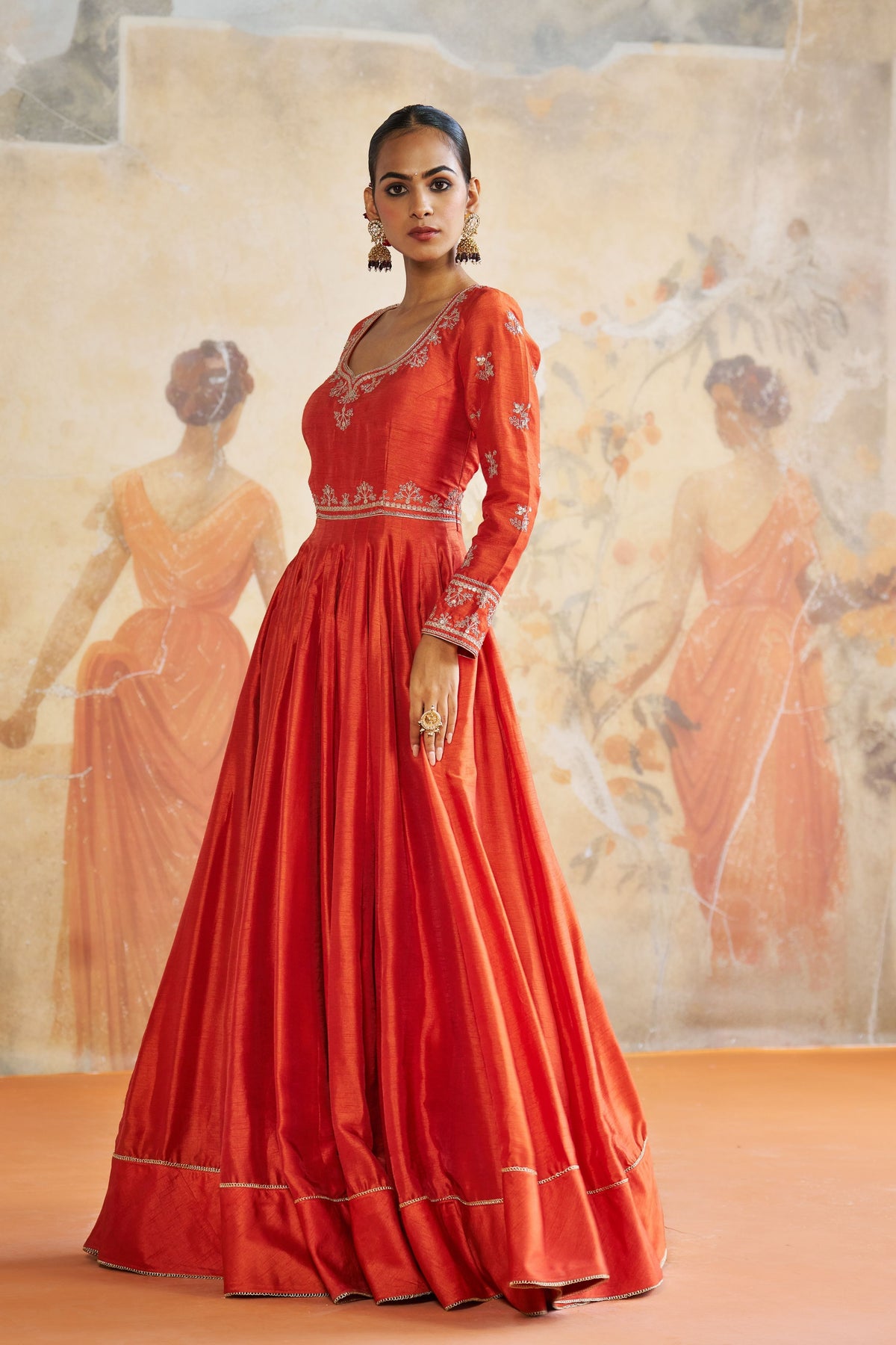 Rust Orange Silk Anarkali Set