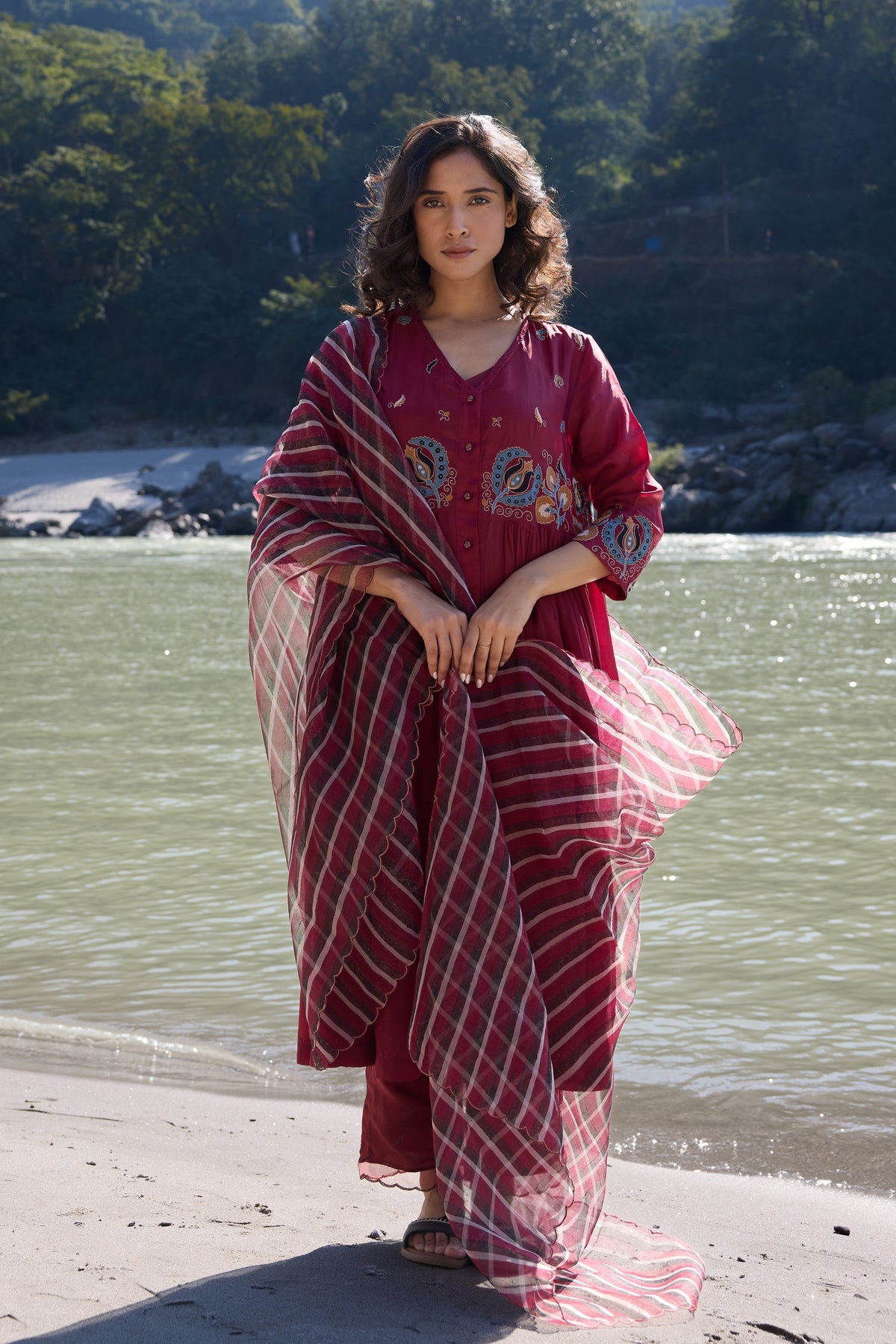 Burgundy Button Down Flared Kurta