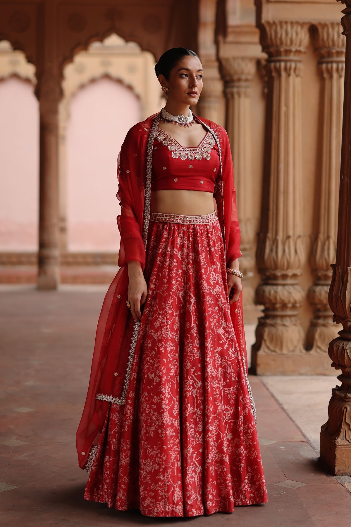 Rose Red Embroidered Lehenga Set