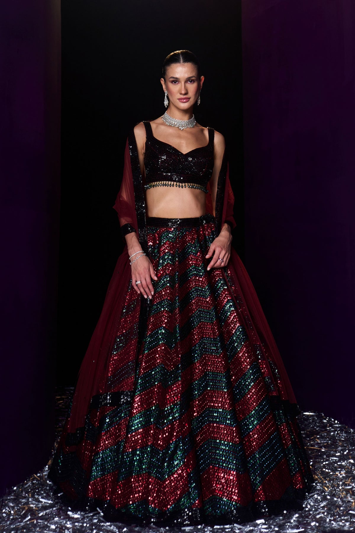 Maroon Organza Embroired Lehenga Set