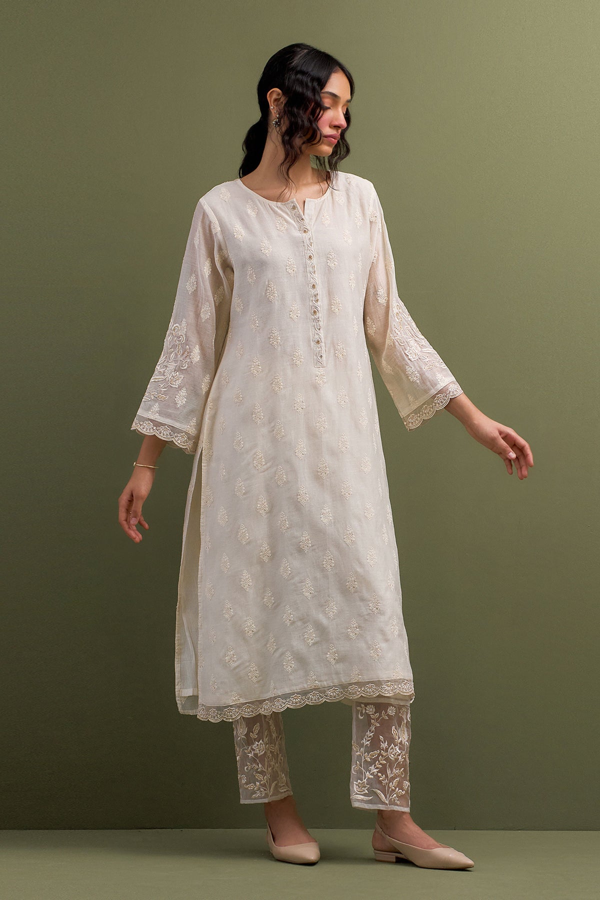 Ivory Embroidered Set With Dupatta