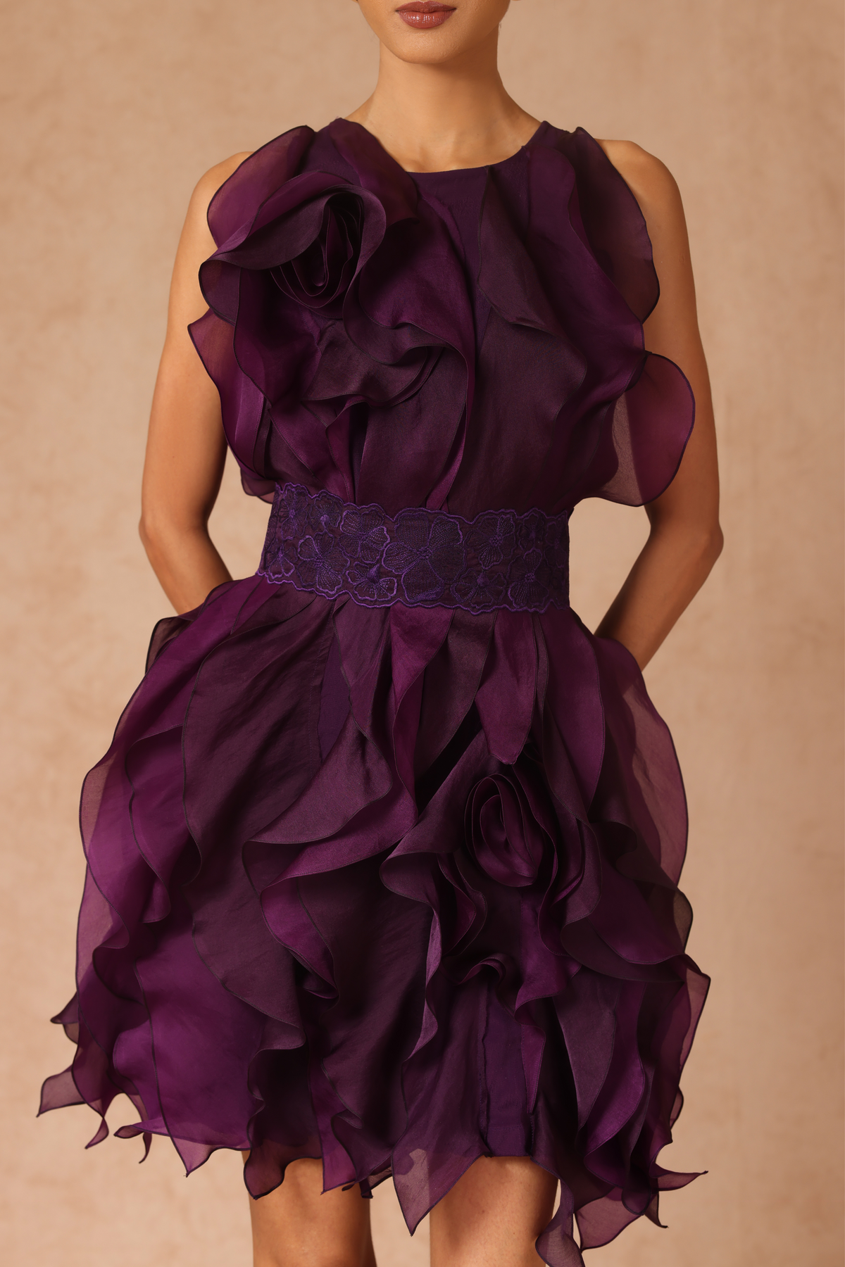 Purple Rosette Ruffle Dress With Belt