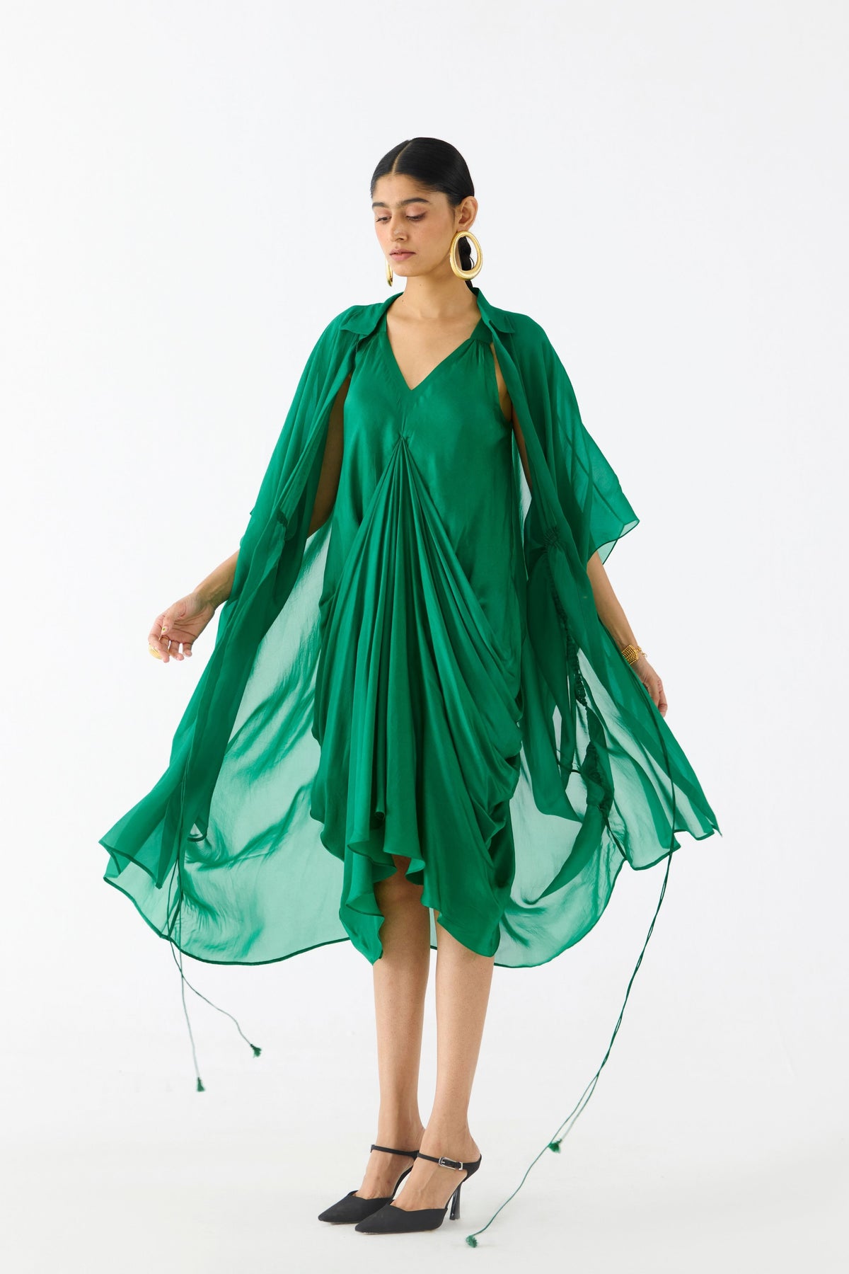 Emerald Midi Dress With Organza Cape