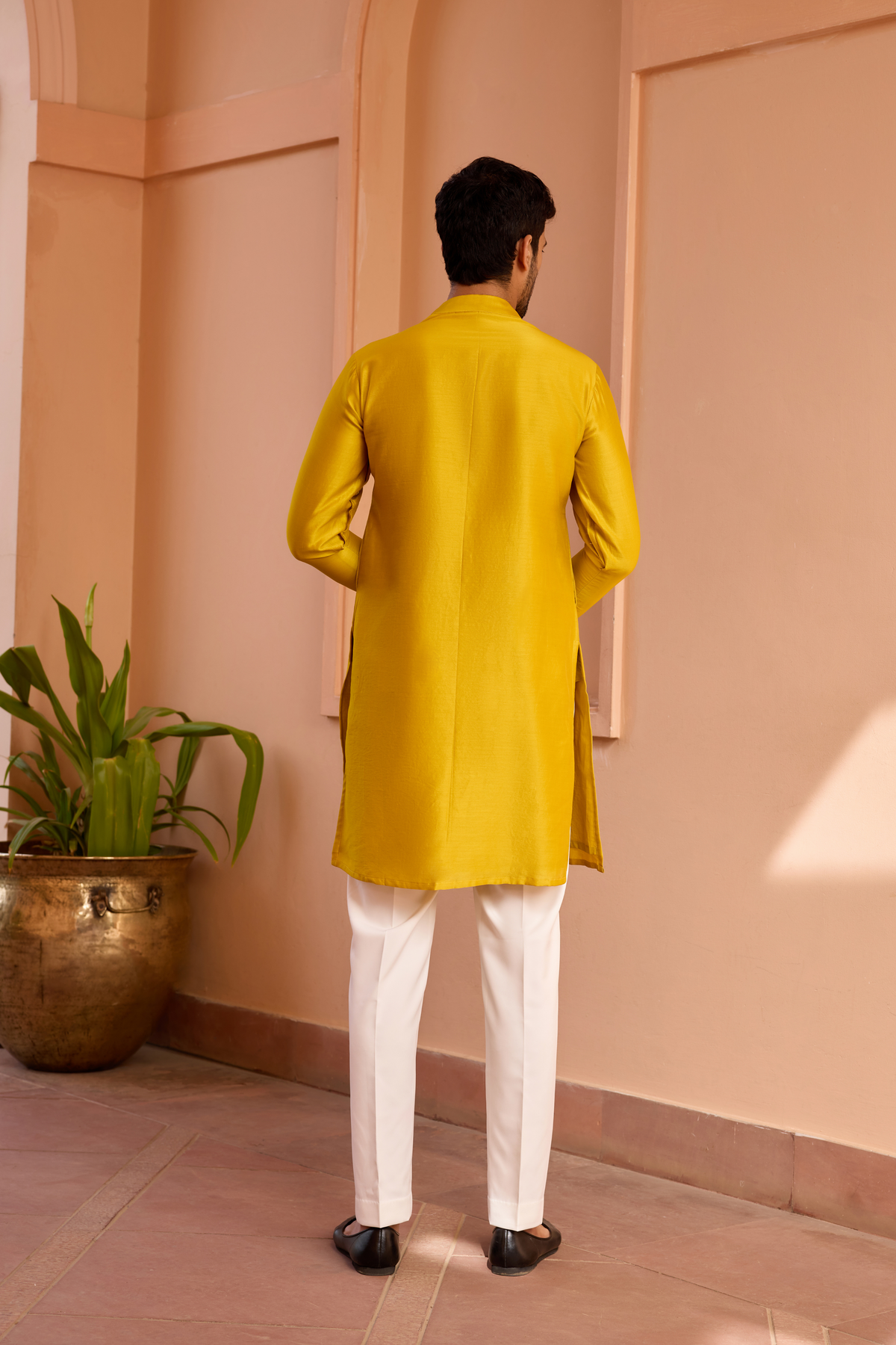 Yellow dori and hand embroidered silk kurta