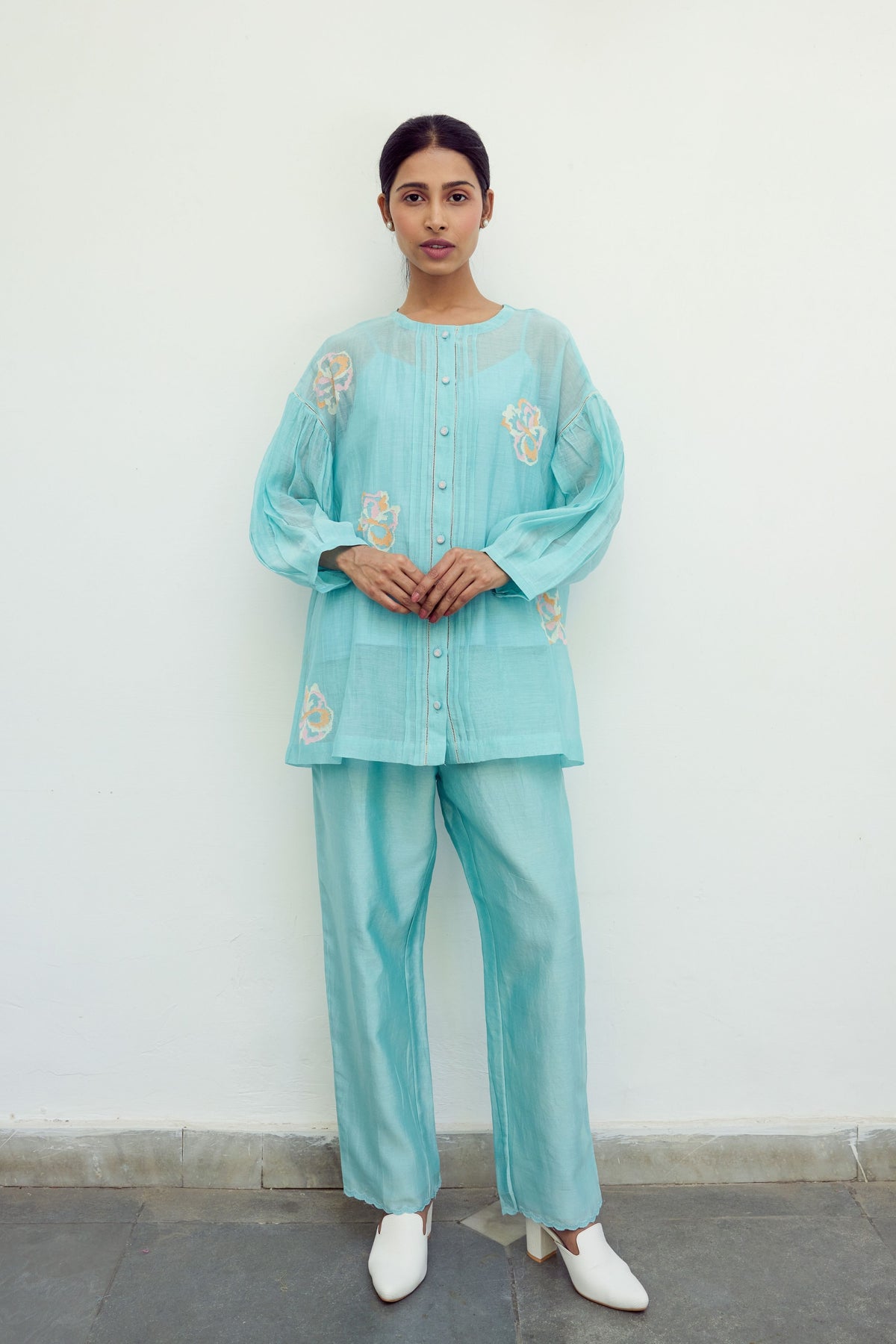 Hand Embroidered Turquoise Chanderi Top