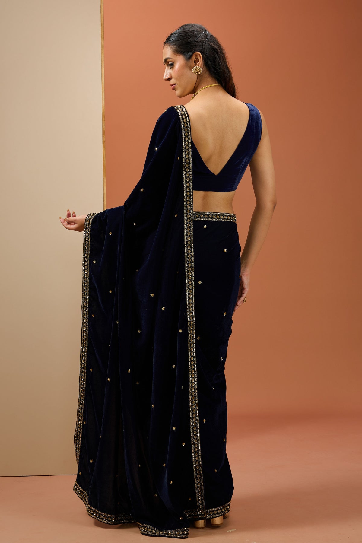 Blue Velvet Saree Set