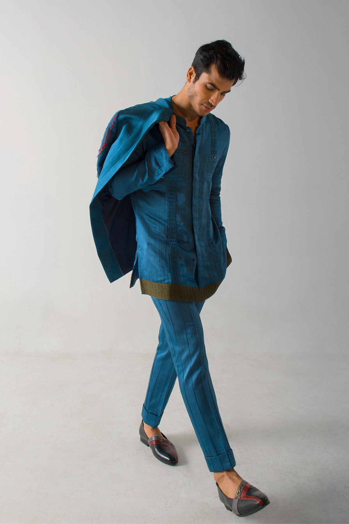 Teal Blue Kurta with Olive Pintuck Hem