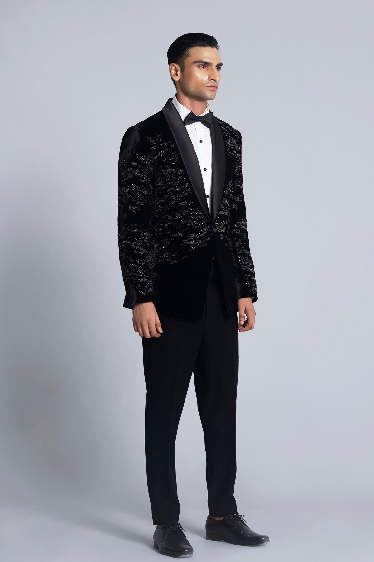 Black Velvet Pearl Embroidered Tuxedo Sets