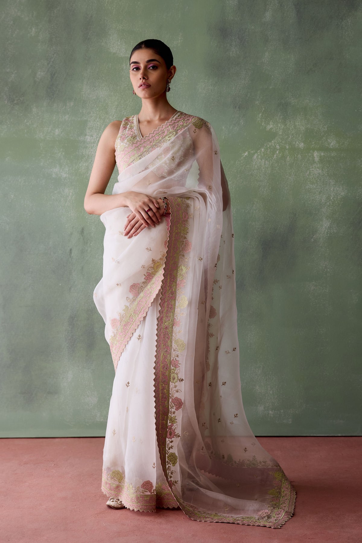 White Floral Zari Saree Set