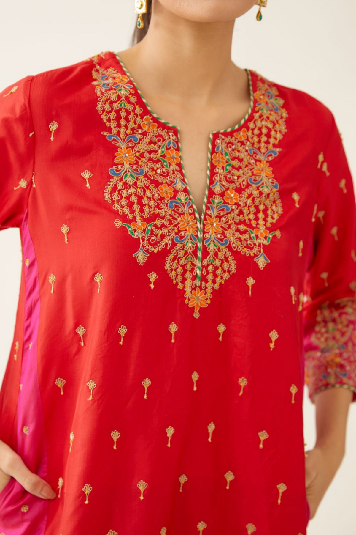 Red &amp; Fuchsia Silk Kalidar Kurta Set