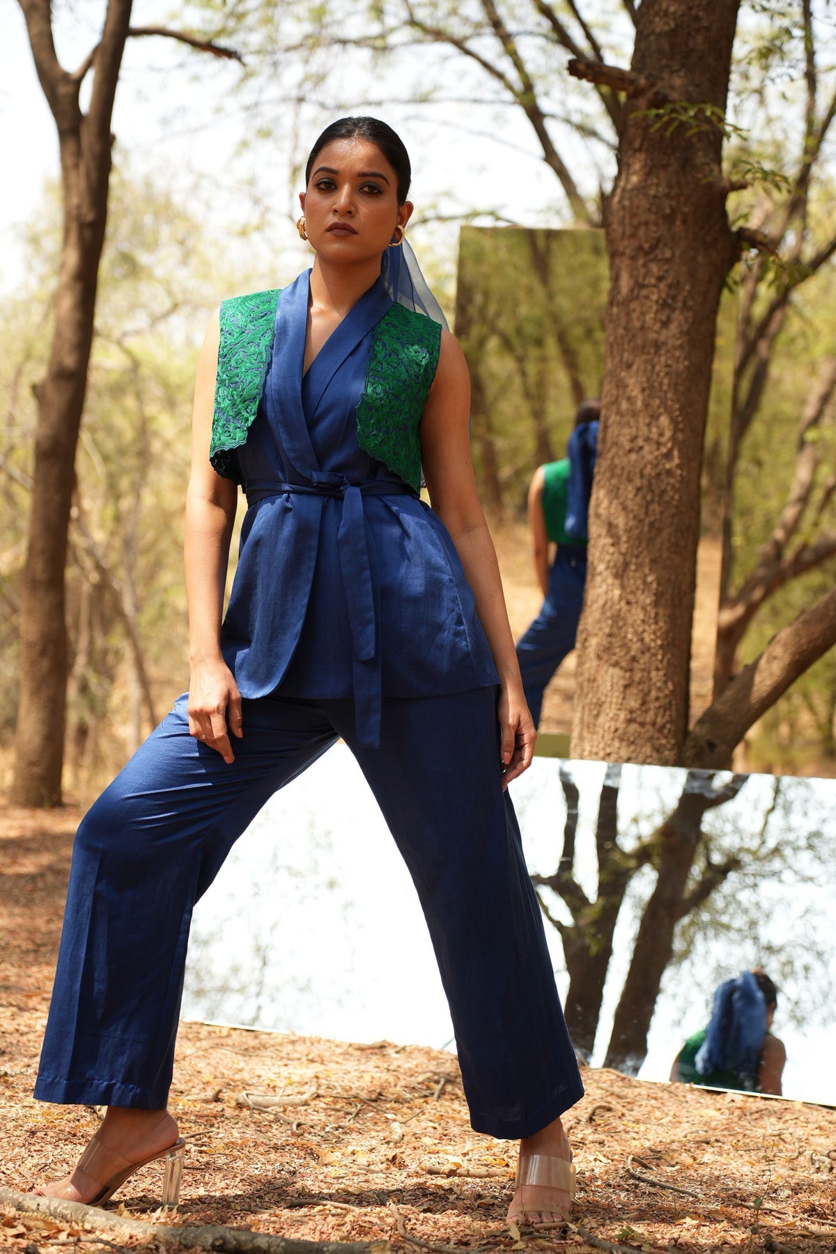 Blue Embroidered Pant Suit