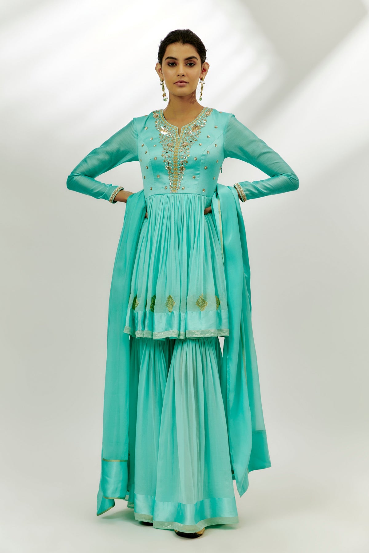 Cyan Blue Embroidered Garara Set