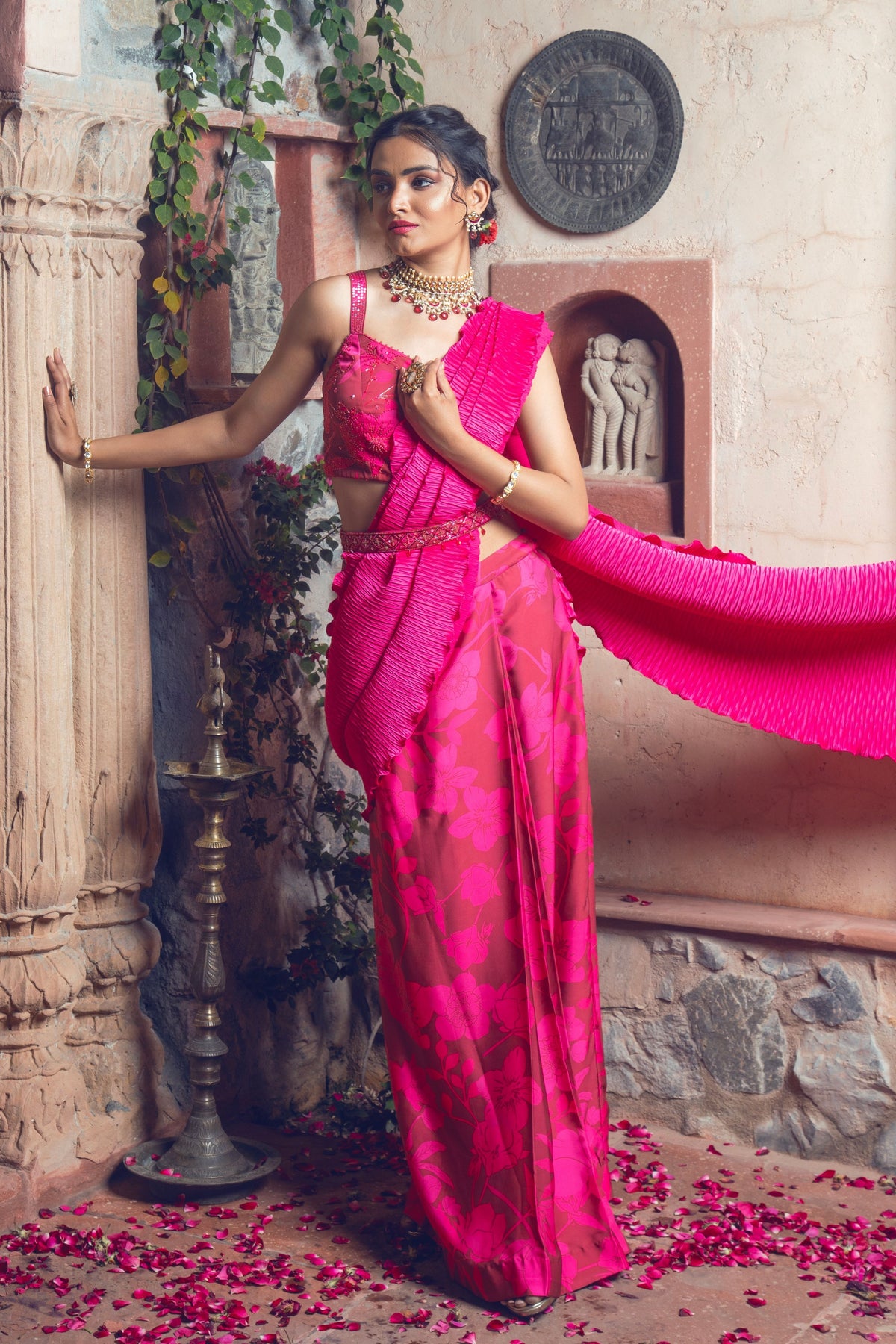 Maroon and Hot Pink Embroidered Drape Saree Set