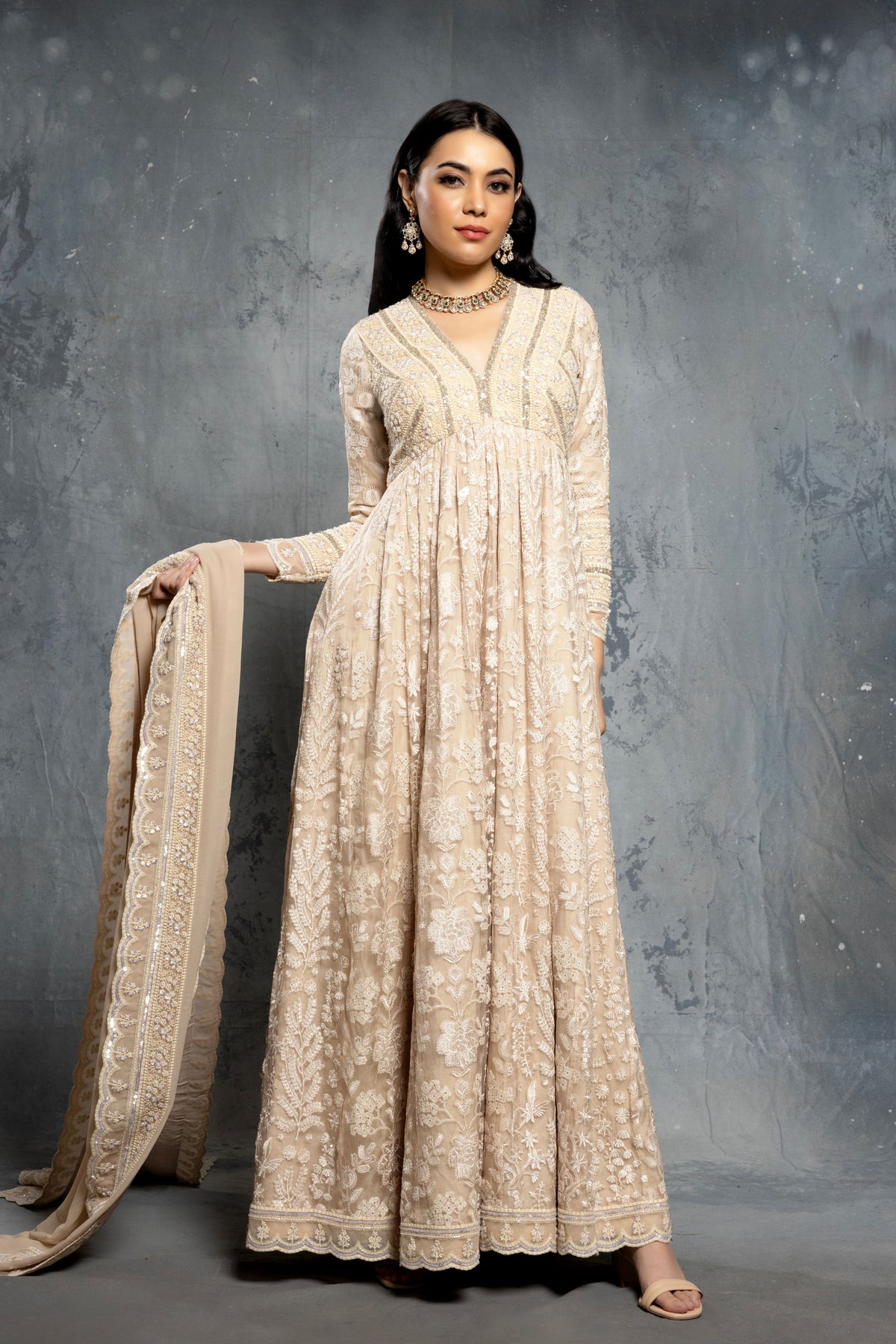 Ecru Long-Sleeve Anarkali Set