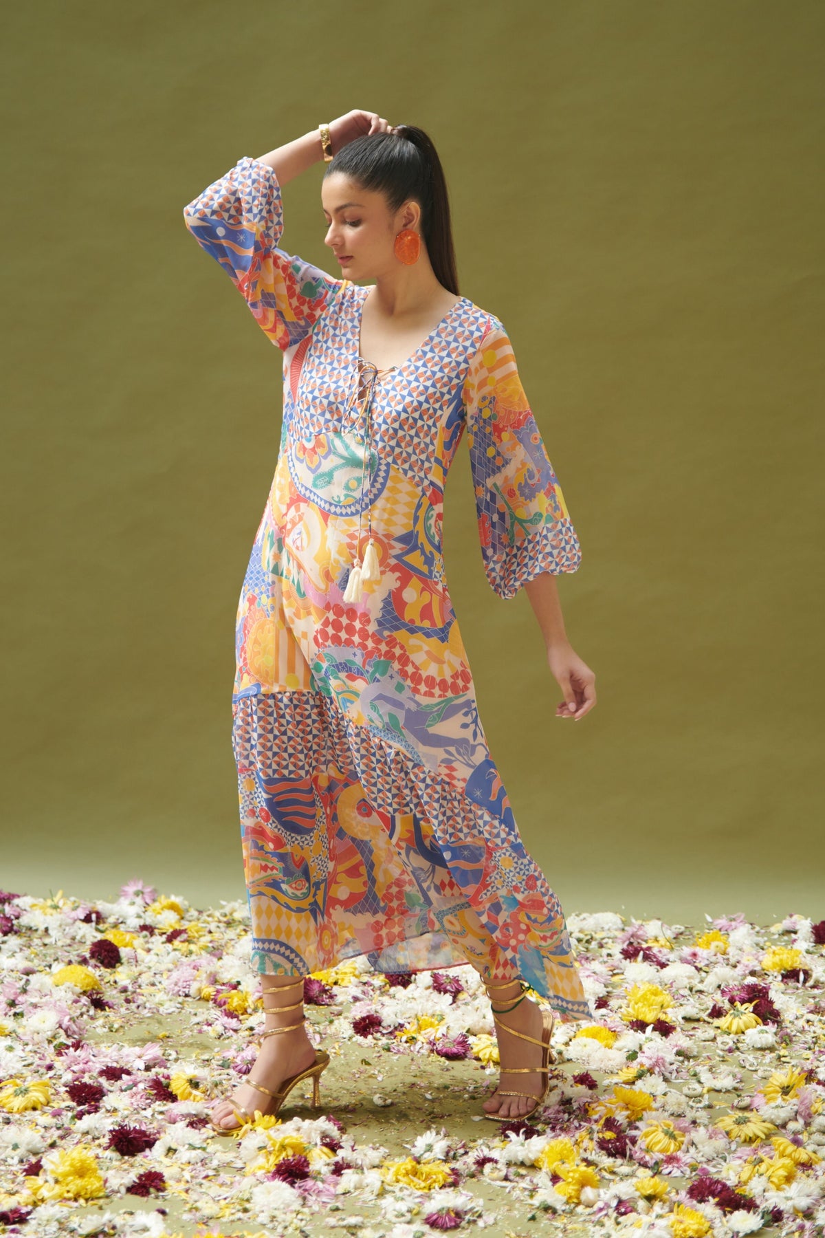 Multicolor Printed Empire-line Long Dress