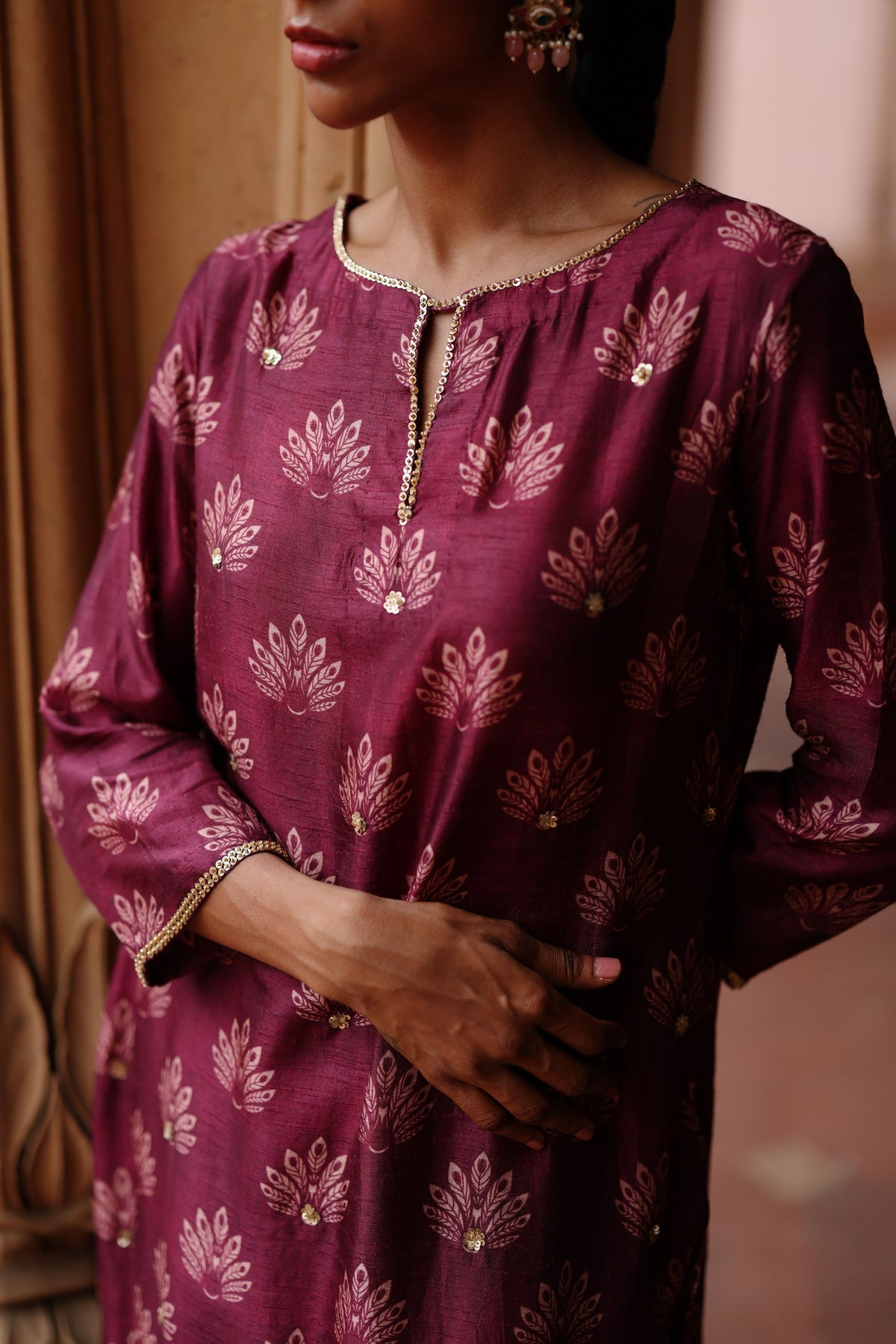 Wine Embroidered Kurta Set