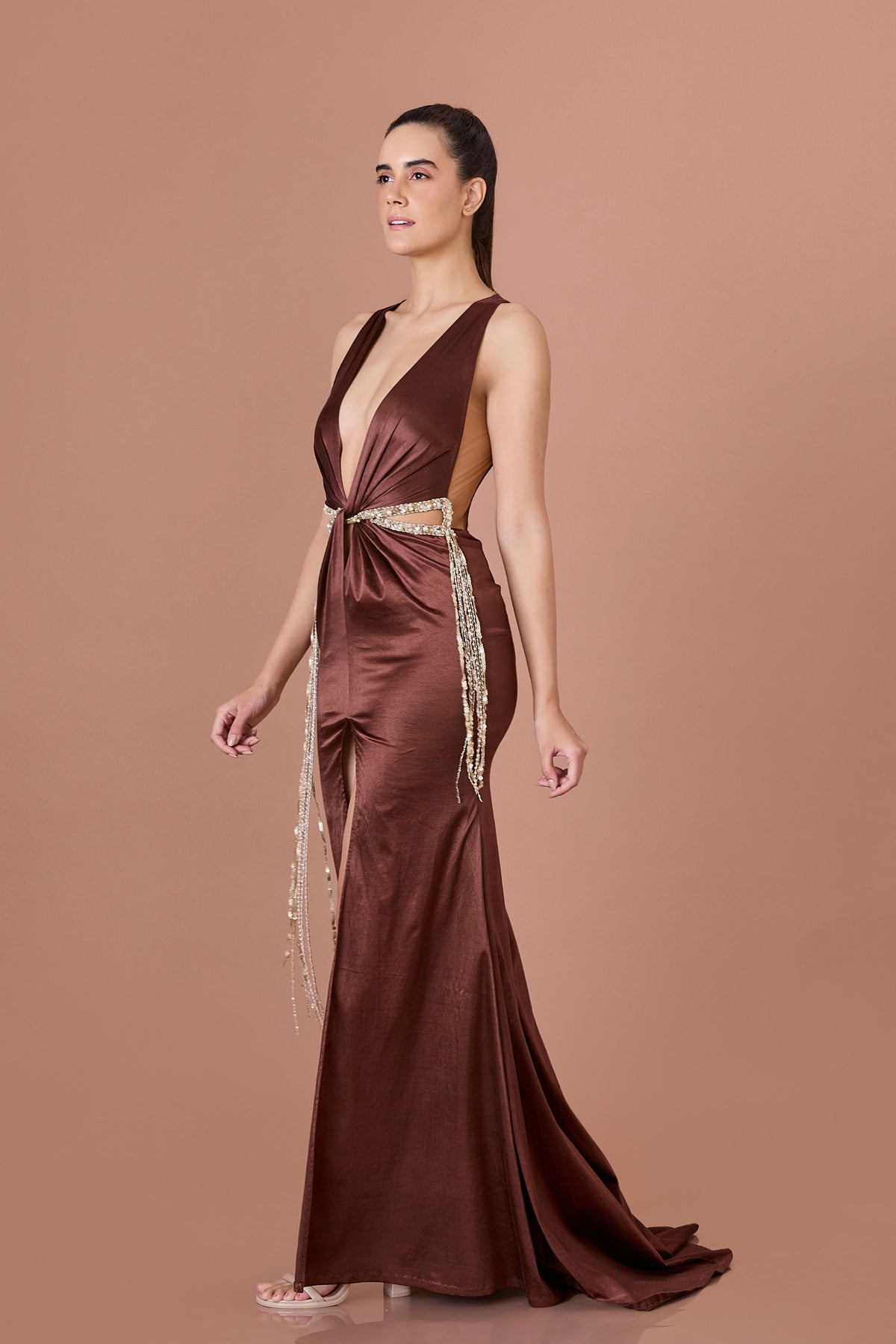 Brown Draped Slit Gown