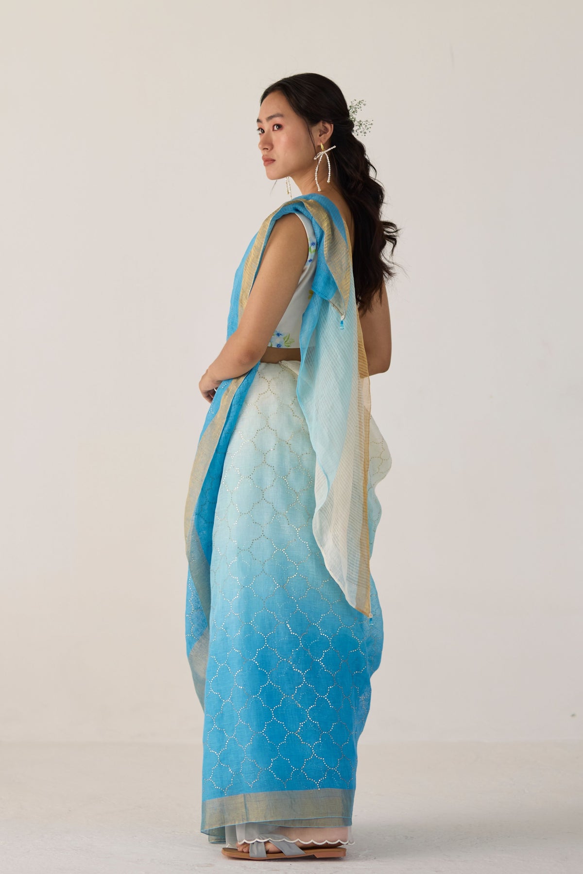 Blue Ombre Sari With Gold Dot Print