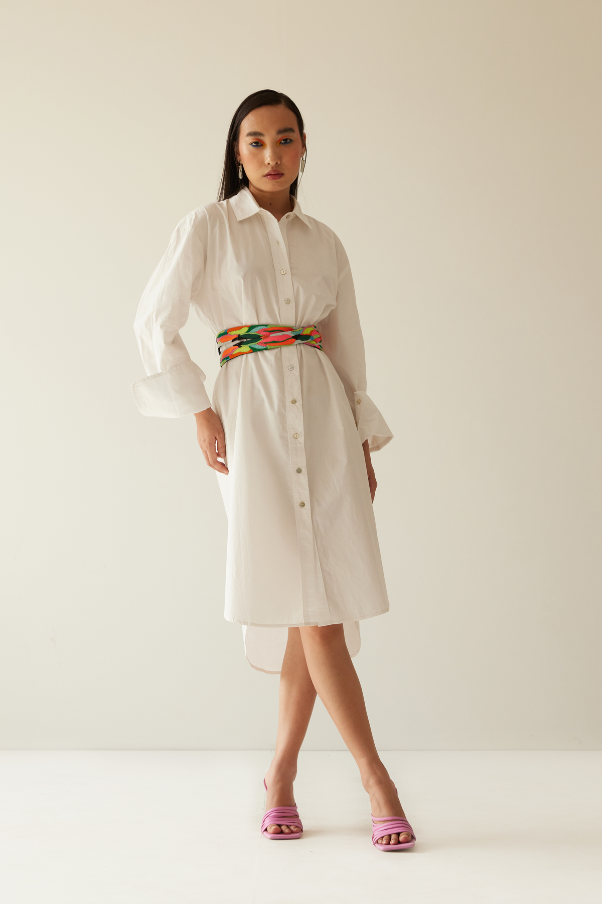 Off White Shirt Dress With Paint Stain Belt