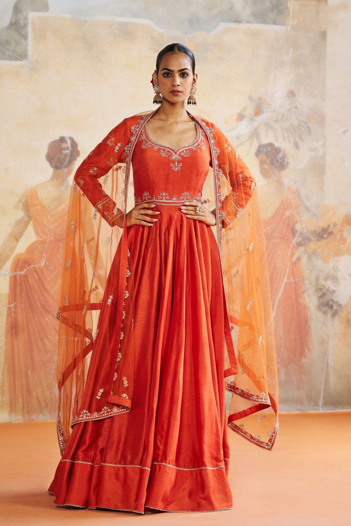 Rust Orange Silk Anarkali Set