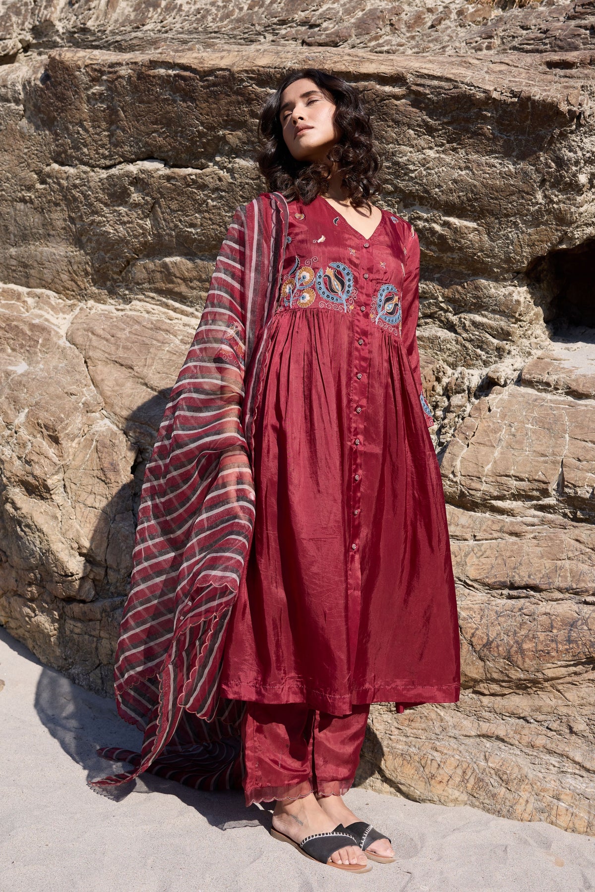 Burgundy Button Down Flared Kurta