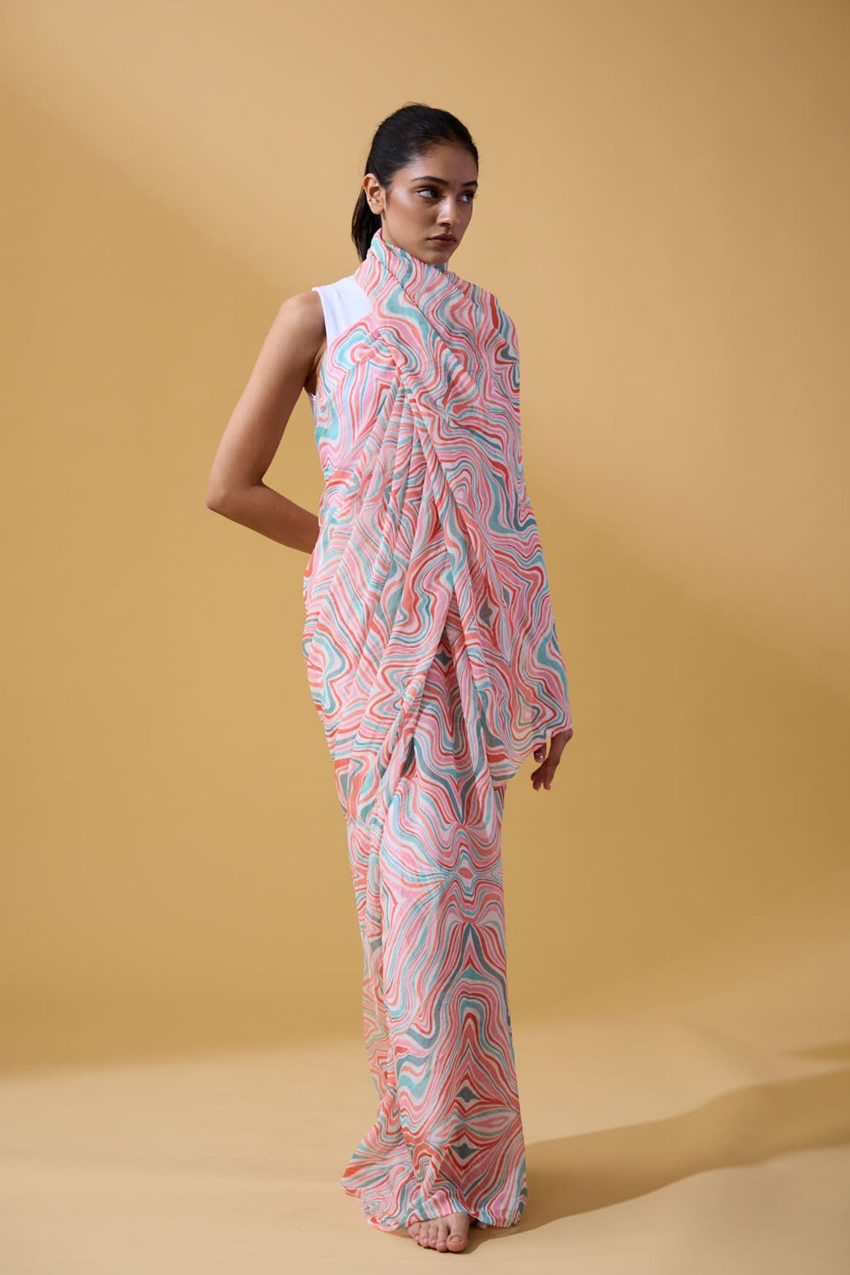 Sage &amp; Coral Waves Saree